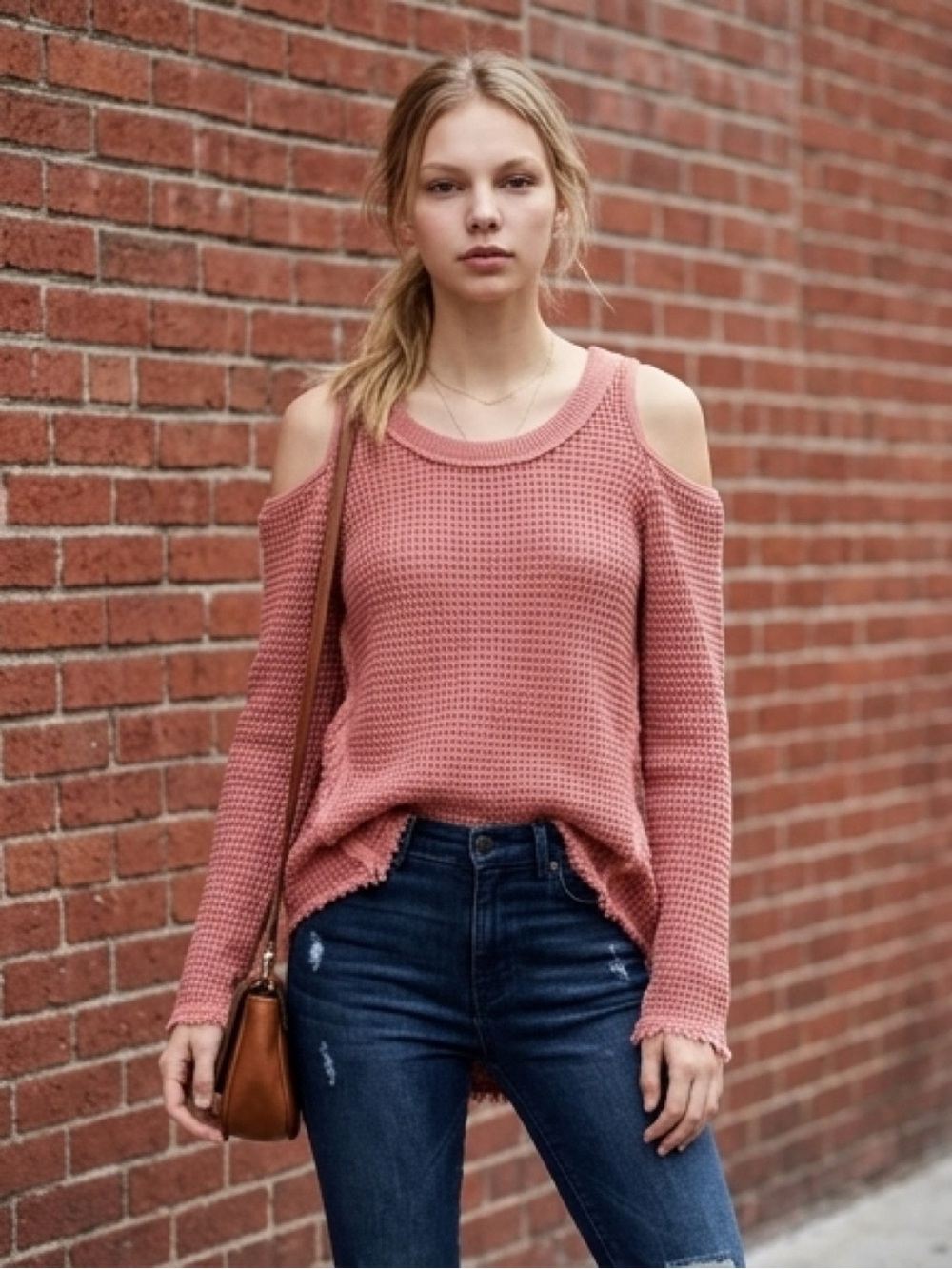 Free People Waffle Cold-Shoulder Sweater in Dusty Rose